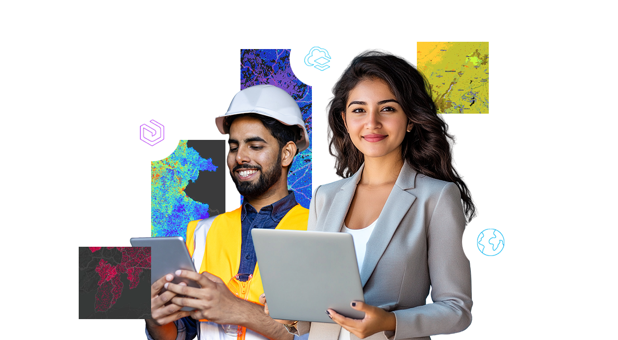 A professional woman and a man in a white hard hat looking at a tablet with inset images of maps and circular icons