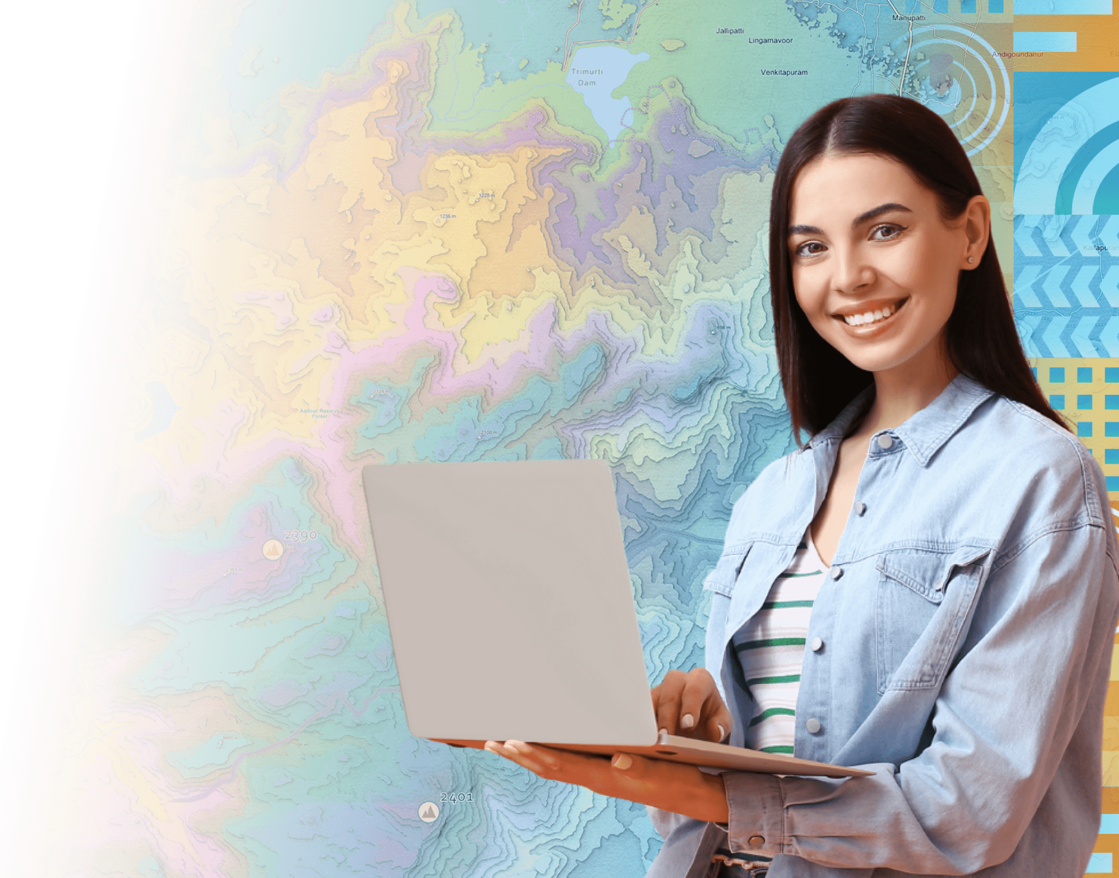 A woman wearing a denim shirt smiling near artwork representing Esri india UC 2025