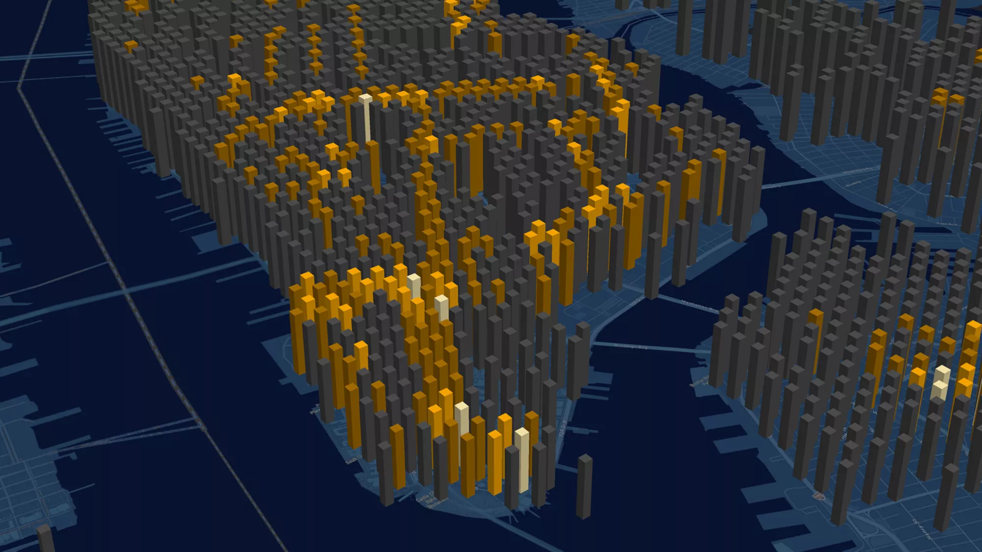 3D city map visualization with tall columns in varying heights and colors from gray to yellow, indicating data intensity across different areas on a dark blue grid.