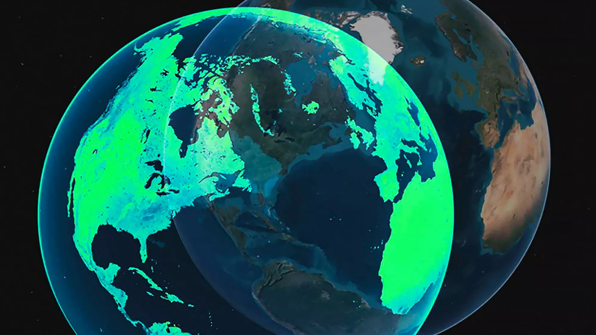A digital rendering of two overlapping Earth globes, showing North and South America highlighted in vibrant green to indicate data coverage.