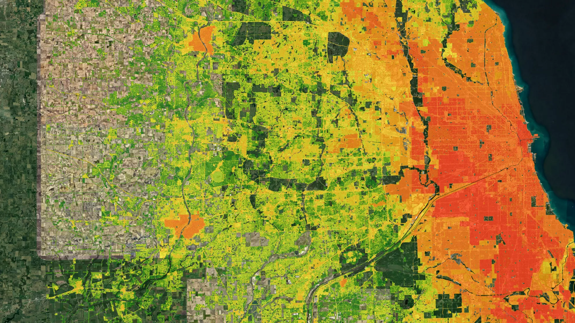 A detailed map with color-coded areas ranging from green to red, indicating different data values across a city region.
