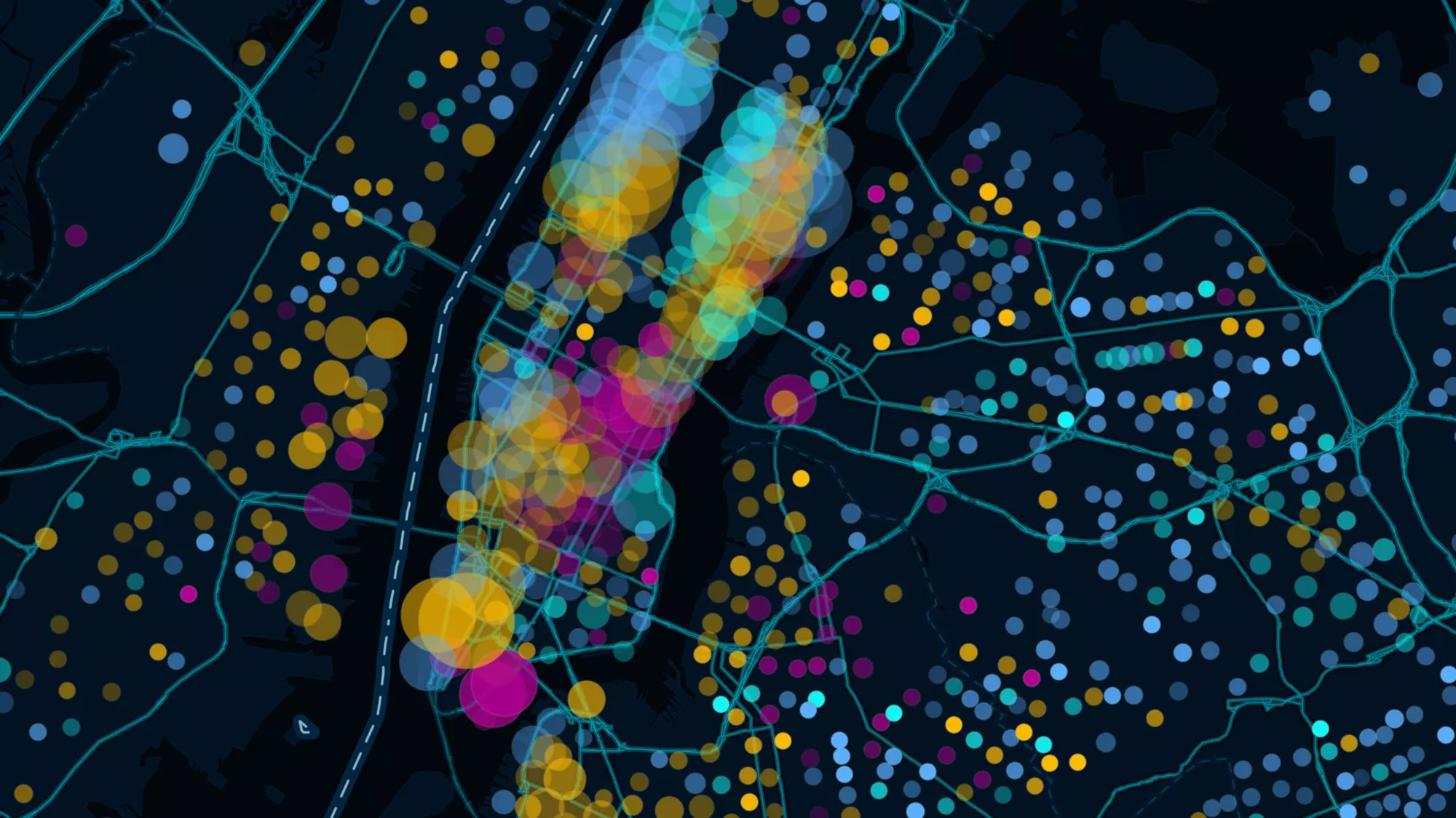 A map with clusters of colorful, overlapping circles of various sizes, representing data points across the city.