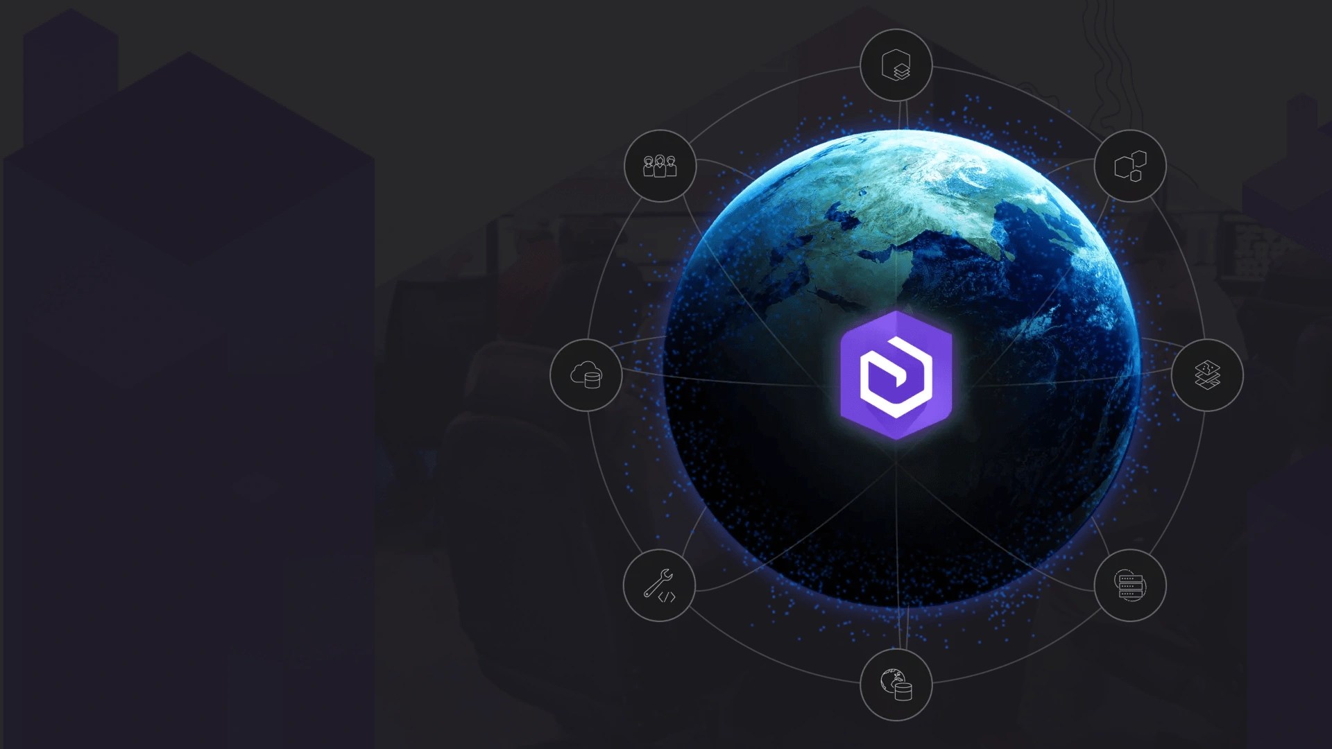 A woman wearing a yellow shirt smiling near artwork representing Esri UC 2025