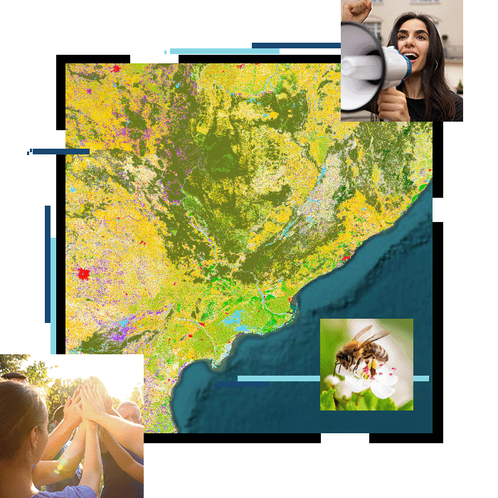 Green map, woman with a megaphone, person handing out drinks, a bee