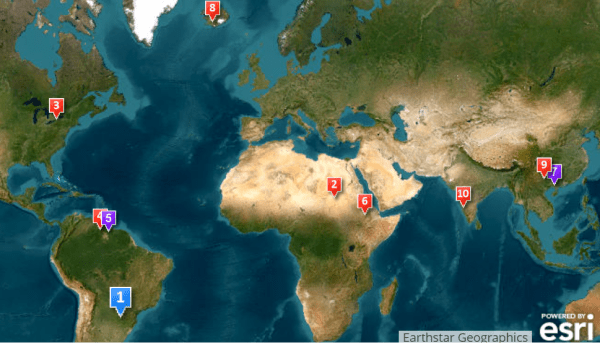 Waterfalls Around the World map image