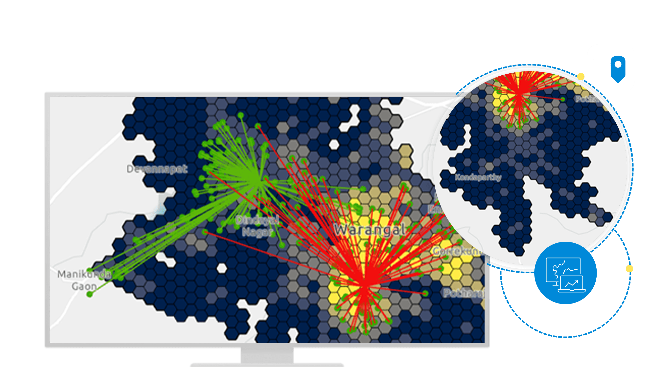 A desktop display showing a full screen multicolored map covered with many small circles overlaid with graphic elements