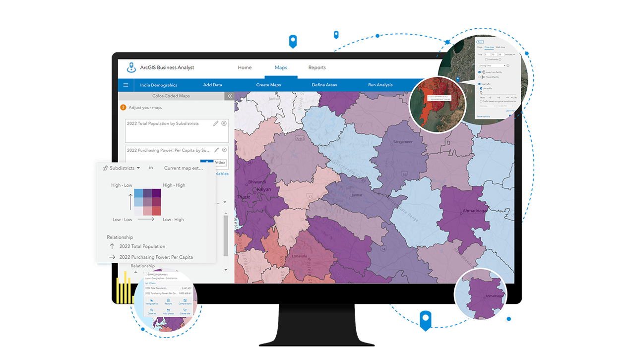 Laptop showing color coded map and Business Analyst interface