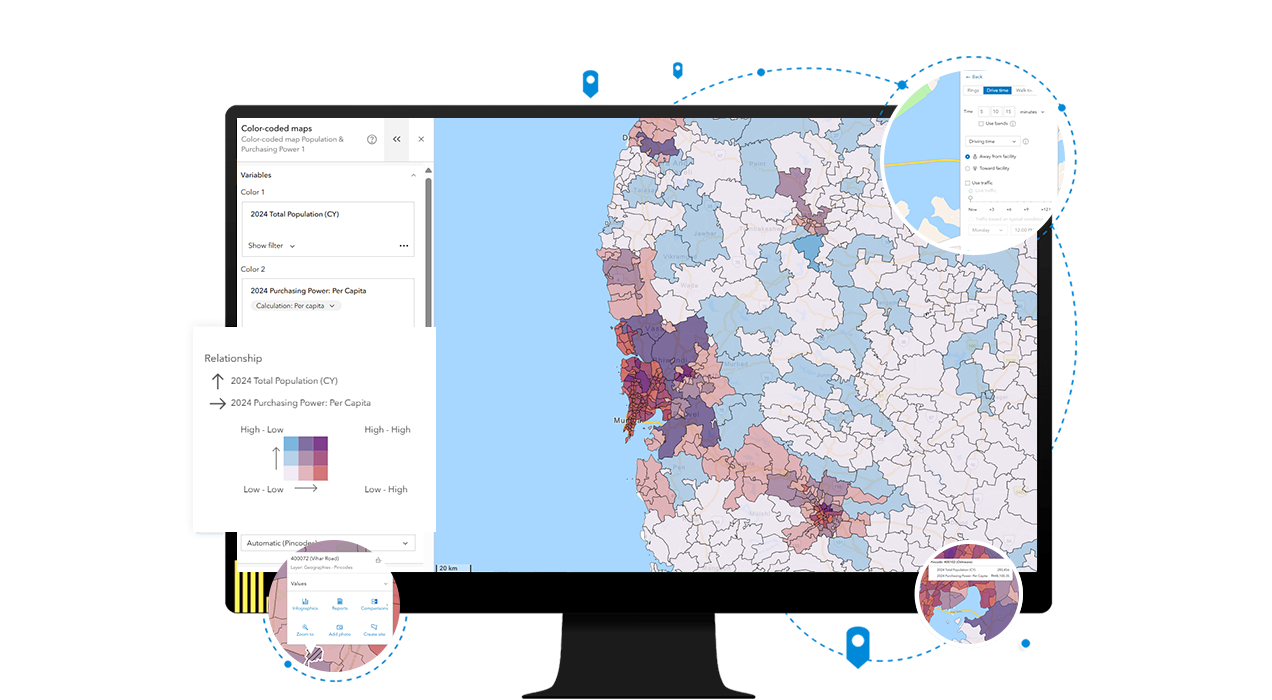 Laptop showing color coded map and Business Analyst interface