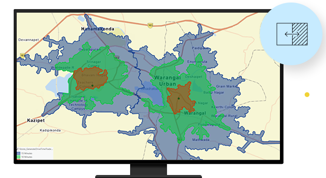 Computer monitor showing a large map with an area marked by a circle