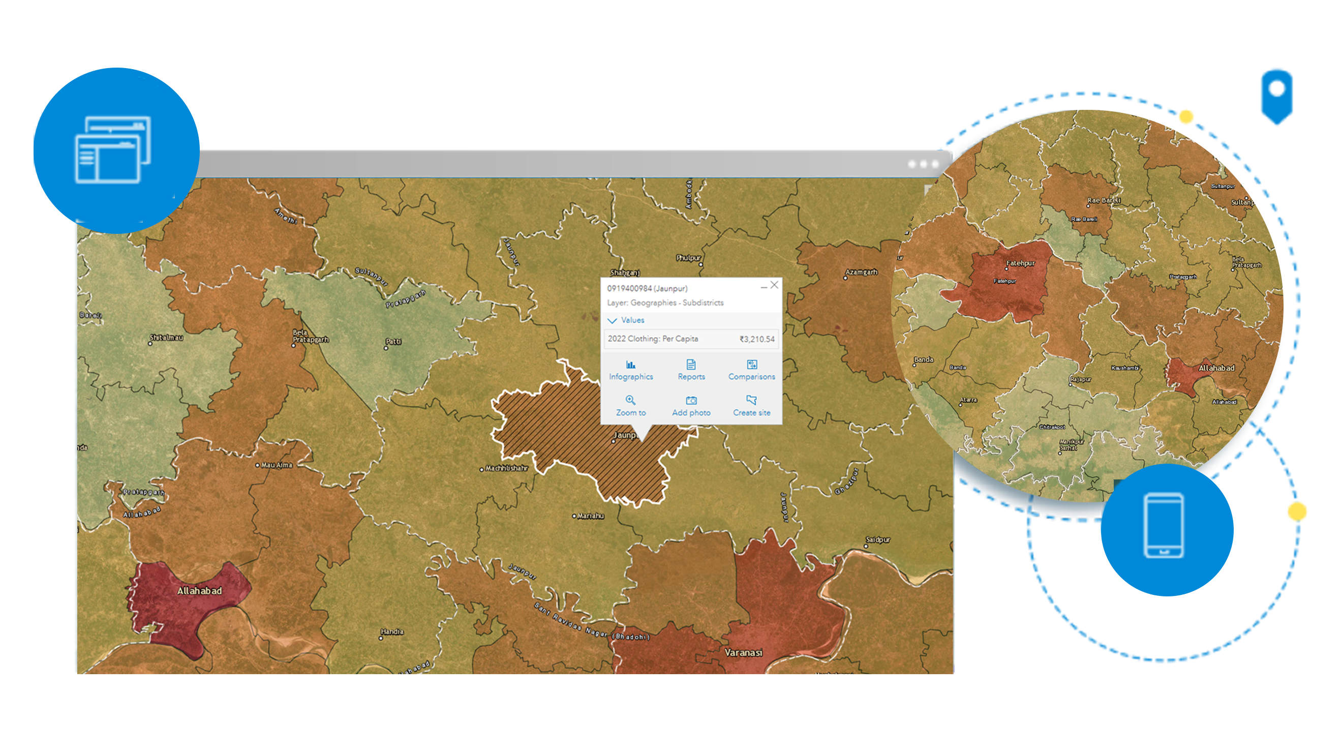 A parcel map with areas highlighted in shades of blue overlaid with graphic elements