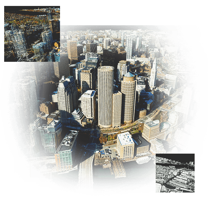 Photo of city with tall buildings representing a 3D textured mesh with inset photos of city buildings representing wire mesh
