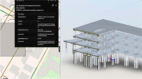 A side-by-side image of a street map and 3D building model of a structure
