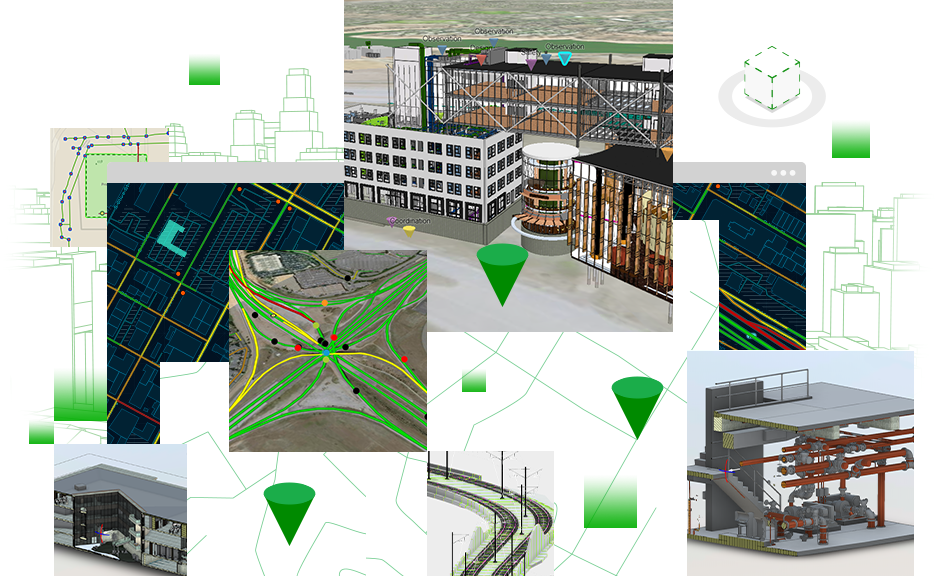 Collage of images including highway interchange, 3D pump station, design corridor model with utility lines, and 3D buildings