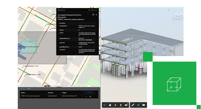 3D building with a cross section including 2D plan view next to a digital street map and an icon of a 3D cube