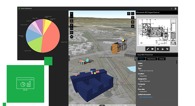 Dashboard for project details that includes a pie chart, a 3D building and landscape model, and an icon of a computer monitor