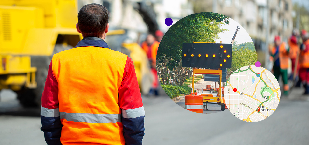 Construction worker with orange vest on road