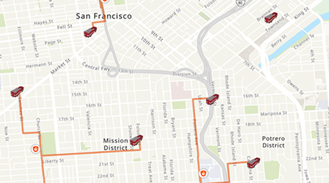 San Francisco street map with multiple roads highlighted in orange