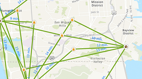 Street map of San Francisco area with multiple routes highlighted in green
