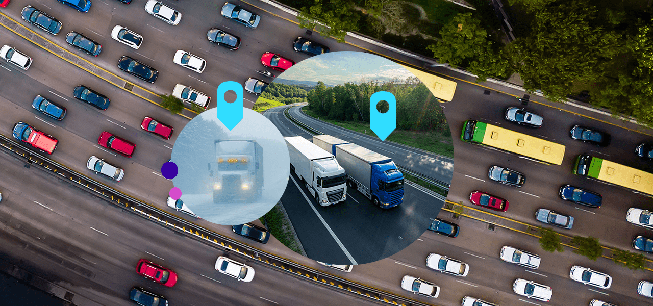 Aerial image of busy highway with cars and big rig trucks