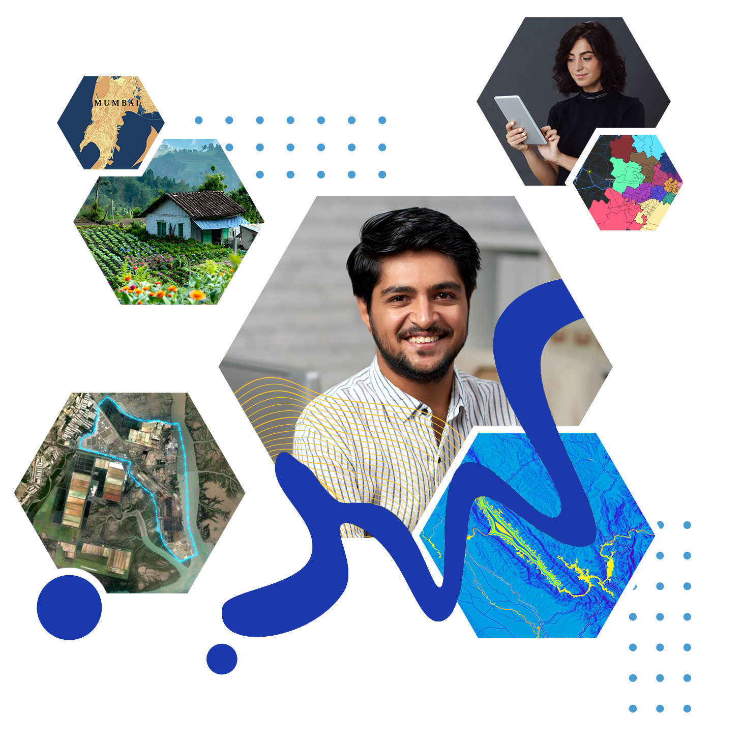 Abstract image of a young man, scientific data in hexagons, and blue geometric elements