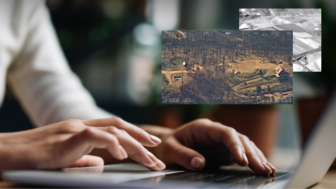 An analyst typing on a laptop with an inset image of a field and a black and white aerial photo,Access video over the web 