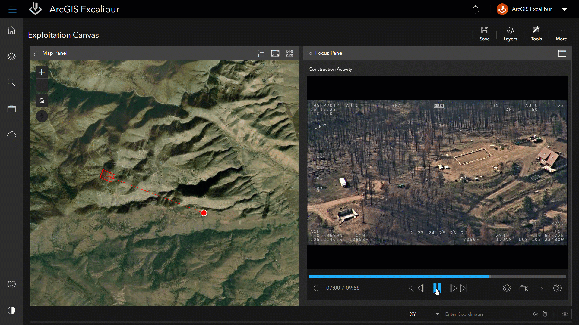Interface of ArcGIS Excalibur featuring a land image on the left and a moving video on the right of land and trees,Interface of ArcGIS Excalibur featuring a land image on the left and a moving video on the right of land and trees