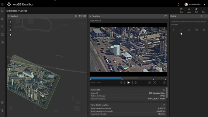 A black background with white text and a video image of a building and cars representing video analysis in ArcGIS Excalibur,A black background with white text and a video image of a building and cars representing video analysis in ArcGIS Excalibur