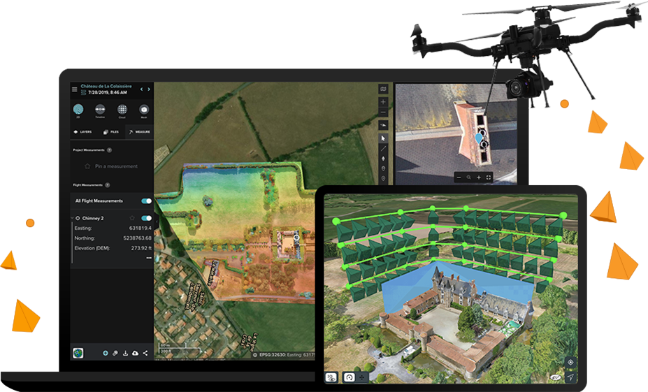 Laptop and mobile device displaying aerial images of a rural area and a highway through a town