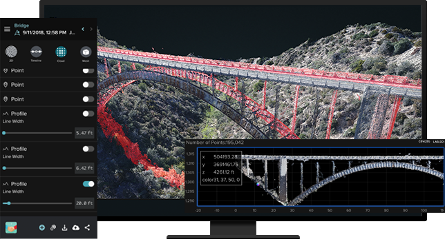 Desktop screen with a point cloud of a bridge and side bar menus of the analysis tools 
