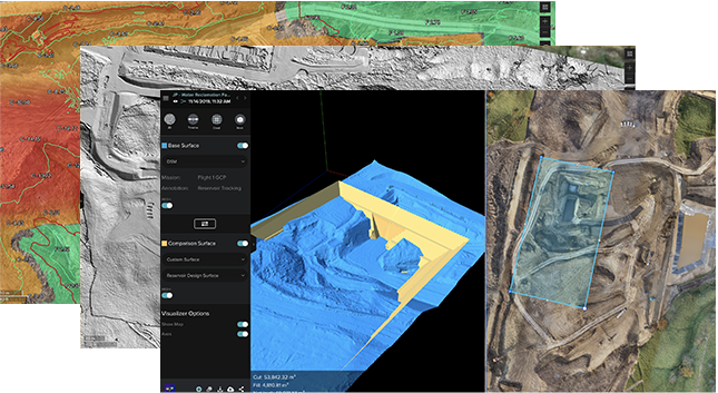 3 digital images stacked together representing types of analysis with the foreground image showing a construction site 