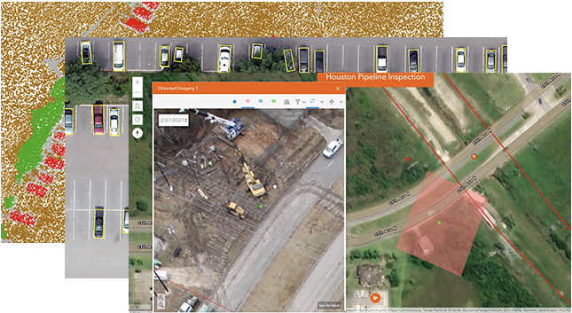 Analysis with oriented imagery of a pipeline project in ArcGIS Image Analyst with background images showing object detection 