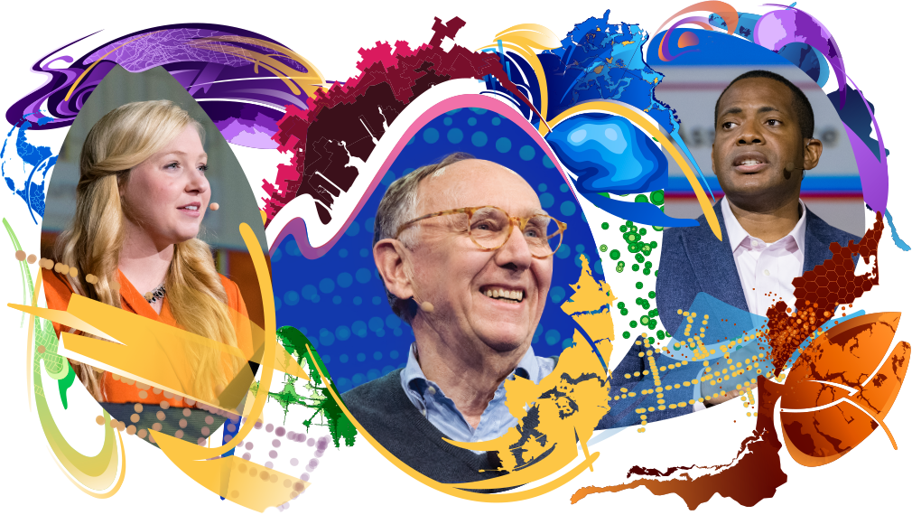 Headshots featuring Jack Dangermond and two other presenters surrounded with swirling, colorful map designs