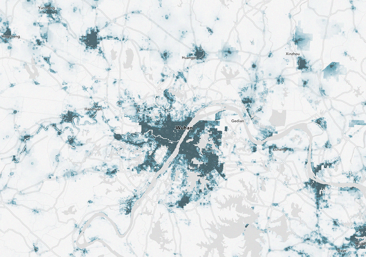 A concentration map of Wuhan, China, with clusters shown in teal on a white background