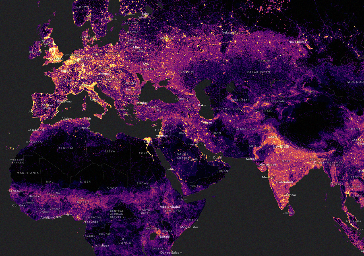 A concentration map of parts of Europe, Asia, and Africa with glowing golden clusters on a purple and black background
