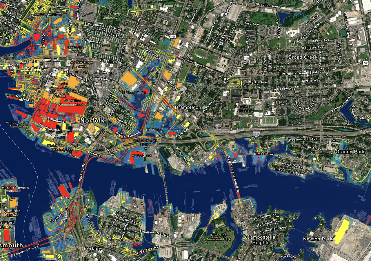 A colorful map of Norfolk, VA with water-adjacent buildings and roads shaded red and yellow