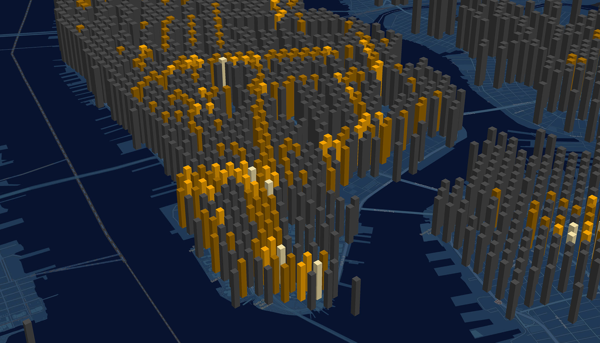3D city map visualization with tall columns in varying heights and colors from gray to yellow, indicating data intensity across different areas on a dark blue grid.