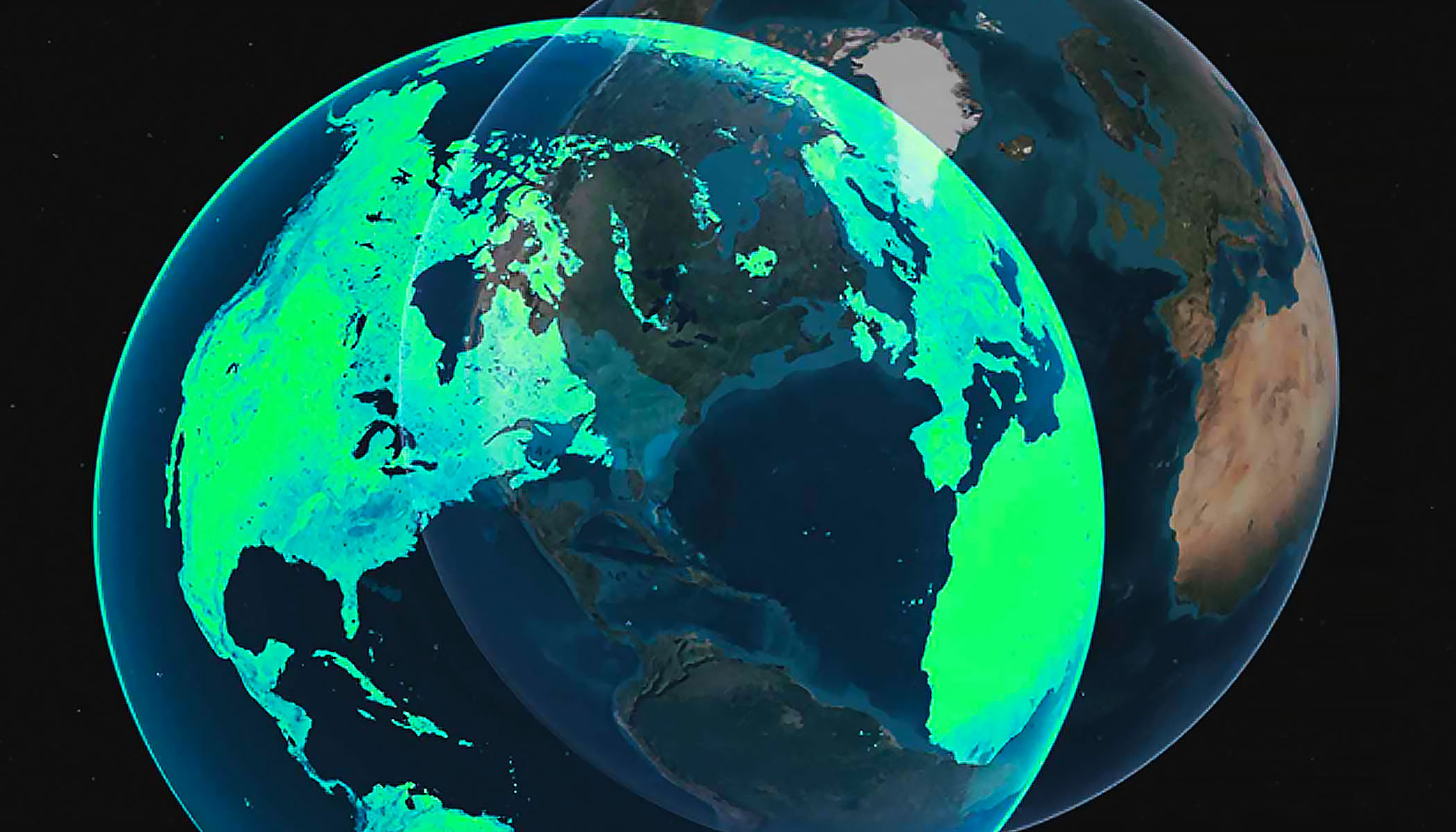 A digital rendering of two overlapping Earth globes, showing North and South America highlighted in vibrant green to indicate data coverage.