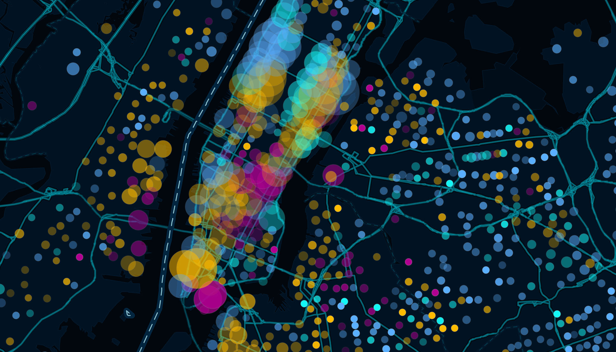 A map with clusters of colorful, overlapping circles of various sizes, representing data points across the city.