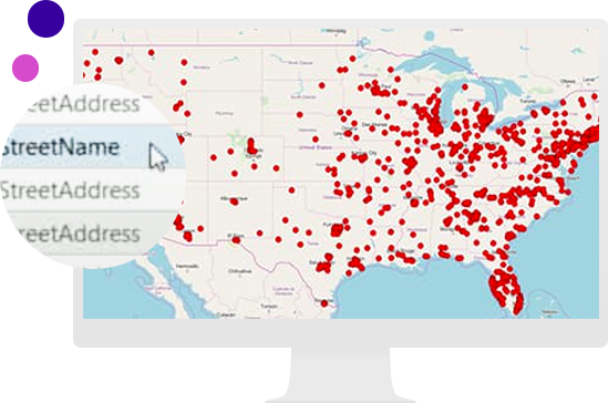 Computer monitor showing map of United States with red dots
