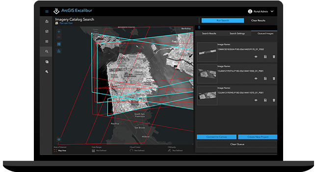 Laptop showing imagery catalog search in ArcGIS Excalibur with black and white map