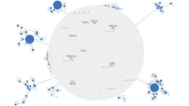 A graphic of a white map of a section of the United States enclosed in a circle, connected to multiple small clusters of different-sized blue circles