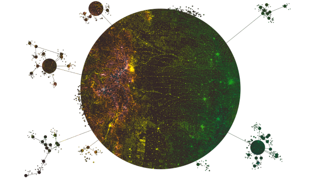 A graphic of a dark cluster dot map enclosed a large circle, connected to multiple small clusters of different-sized circles