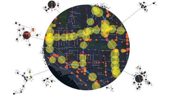 A graphics of a dark dot map with yellow and orange markings, connected to multiple small clusters of different-sized circles