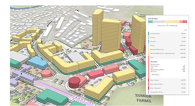 3D city zoning plan of multiple buildings and a popup window showing 3D model analytics