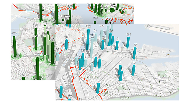 3D indicators on a street grid map