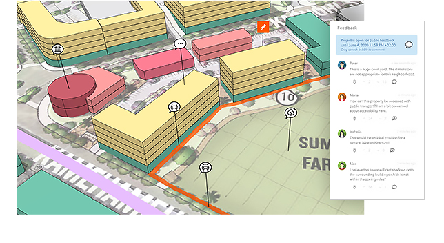 3D view of a building complex with a popup window showing proposed building feedback