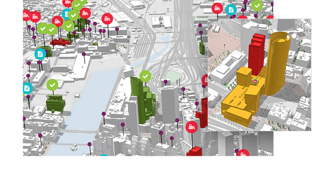 3D view of a cityscape with buildings and streets