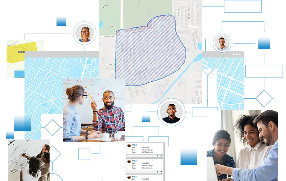 Collection of digital street maps and images of people working together in an office in front of a whiteboard