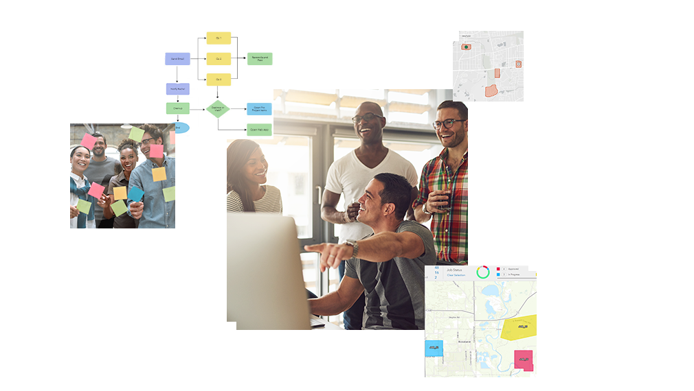 Collection of images including a group of coworkers talking, a flowchart with boxes connected by arrows, and two street maps