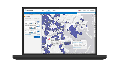 A graphic of a laptop monitor displaying a map dashboard in white and purple with a menu of analysis options on one side